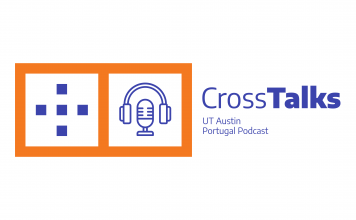 Illustration of the Cross Talks podcast. It reads "Cross Talks, UT Austin Portugal"