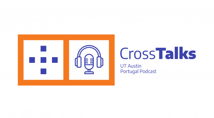 Illustration of the Cross Talks podcast. It reads "Cross Talks, UT Austin Portugal"