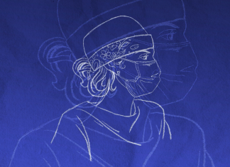 Illustration in purple of a nurse facing forward