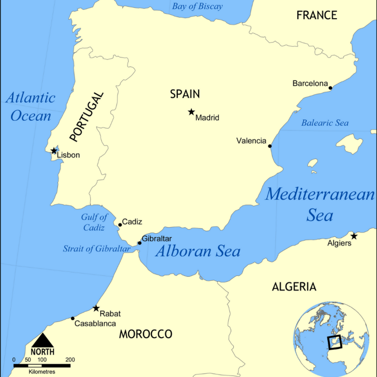 Map showing the location of the Alboran Sea, a part of the Mediterranean Sea, between Spain and Morocco